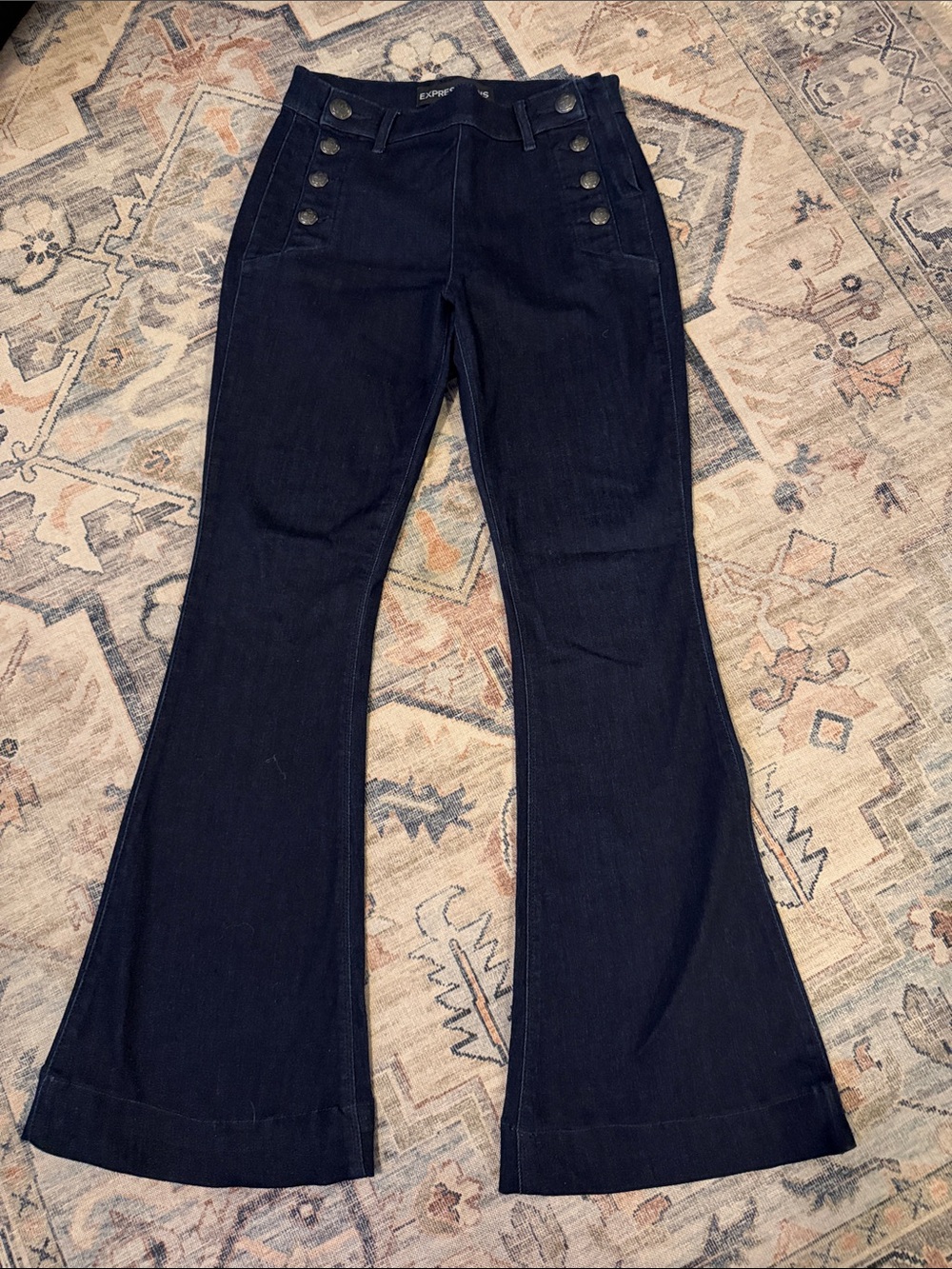 Express Dark Blue Mid Rise Bell Flared Jeans with Button Detail Size 6